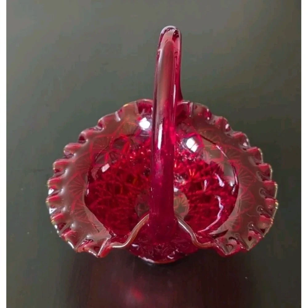 Vintage FENTON AMBERINA‎ RED RUFFLED DIAMOND BASKET